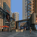 Vibrant Commercial Street With Modern High Rise Buildings People Walking Outdoor Seating And Red Umbrellas