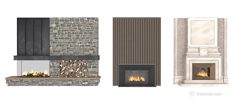 Different Fireplace Designs Featuring Stone Vertical Slat And Modern Interior Styles 3d model
