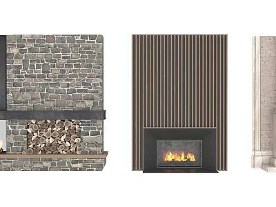 Different Fireplace Designs Featuring Stone Vertical Slat And Modern Interior Styles 3d model
