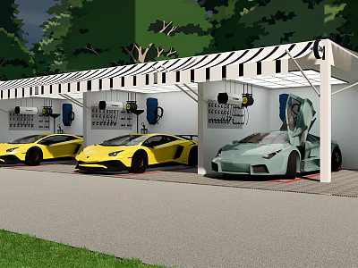 Sports Cars Parked in Carport With Black White Striped Canopy Open Doors and Green Trees 3d model