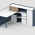 Modern Office Desk With White Tabletop Black Legs Drawers And Cabinets