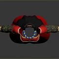 Woman in Red Traditional Dress with Black Headscarf Green Sleeves and Gold Trim