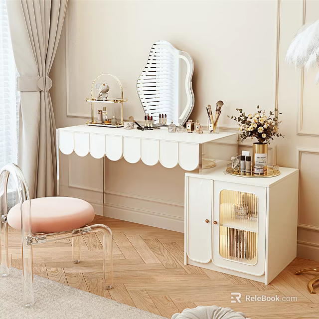Elegant Modern Dressing Table Design With Scalloped Edge Decorative Mirror Acrylic Chair And Flower Vase 3d model 