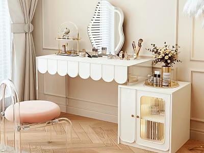 Elegant Modern Dressing Table Design With Scalloped Edge Decorative Mirror Acrylic Chair And Flower Vase 3d model
