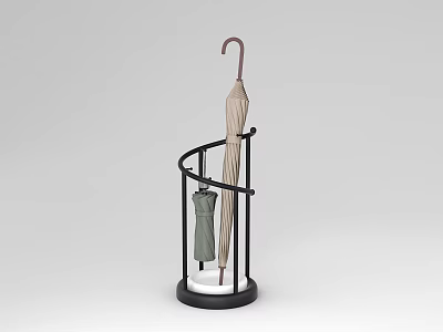 Black Curved Metal Umbrella Stand Holding Beige Umbrella And Small Bag 3d model