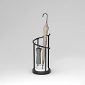 Black Curved Metal Umbrella Stand Holding Beige Umbrella And Small Bag