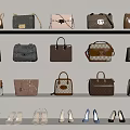 Stylish Women's Shoes Displayed On Lower Shelf With Assorted Designer Handbags