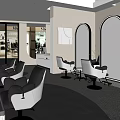 Elegant Modern Hair Salon Interior with Black Leather Chairs Arched Mirrors and Styling Equipment