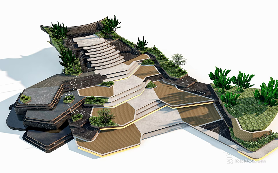 Park Landscape Design With Layered Steps Greenery Geometric Paths And Stone Wooden Surfaces 3d model 