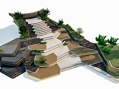 Park Landscape Design With Layered Steps Greenery Geometric Paths And Stone Wooden Surfaces 3d model