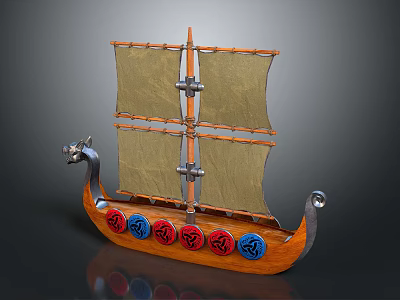 Detailed Wooden Viking Ship With Tan Sails Dragon Head Prow And Colorful Hull Decorations 3d model