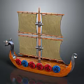 Detailed Wooden Viking Ship With Tan Sails Dragon Head Prow And Colorful Hull Decorations