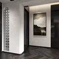 Minimalist Entryway Hallway Interior With Gray Walls Glass Block Partition Black Doors And Hanging Artwork