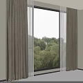 Double Layer Brown Thick And White Sheer Curtains By Window With Green Trees View 3d model