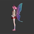 Game And Movie Character With Pink Hair Bow Colorful Wings Beige Top Red Pleated Skirt