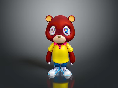 Cute Red Stuffed Bear Toy With Yellow Shirt Blue Pants And Colorful Eyes 3d model
