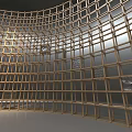 Wooden Grid Cylindrical Art Installation with Light Shadow Effects in Indoor Space and Figure Inside