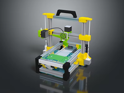 Desktop 3D Printer With Yellow Green Frame Black Handle And Transparent Base 3d model