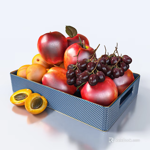 Assorted Ripe Fruits in Blue Checkered Box Featuring Apples Grapes and Apricots 3d model 