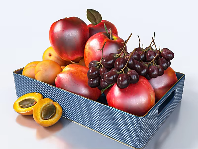 Assorted Ripe Fruits in Blue Checkered Box Featuring Apples Grapes and Apricots 3d model
