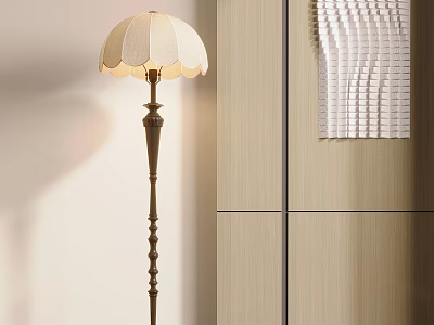 Elegant Floor Lamp With Scalloped White Lampshade And Decorative Metal Stand By Wooden Cabinet 3d model
