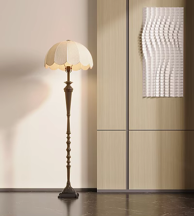 Elegant Floor Lamp With Scalloped White Lampshade And Decorative Metal Stand By Wooden Cabinet 3d model