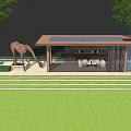 Modern Wooden Pergola With Lattice Design And Giraffe Sculpture Near Lawn And Swimming Pool
