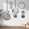 Multiple Circular Decorative Mirrors Hanging On Wall In Modern Interior With Green Plant 3d model