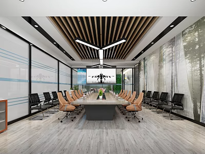 Modern Meeting Room With Long Conference Table Leather Chairs Wooden Ceiling And Forest Wall Art 3d model