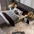Luxurious Bedroom Interior With Crystal Chandelier Marble Accent Wall Upholstered Bed Wardrobe And Armchair