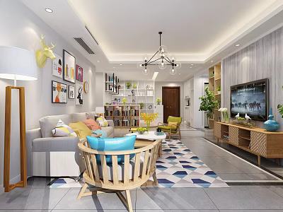Modern Living Room Interior With Gray Sofa Colorful Pillows Wooden Coffee Table And Blue Rug 3d model