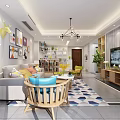 Modern Living Room Interior With Gray Sofa Colorful Pillows Wooden Coffee Table And Blue Rug