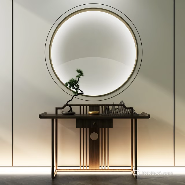 Dark Wooden Console Table With Round Gold Frame Mirror And Small Pine Decor 3d model