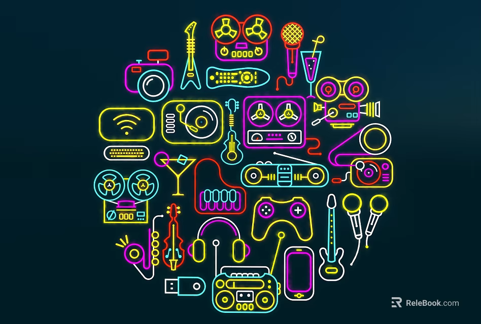 Neon Colored Decorative Lights With Circular Pattern And Entertainment Icons On Dark Background 3d model