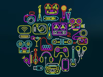 Neon Colored Decorative Lights With Circular Pattern And Entertainment Icons On Dark Background 3d model