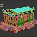 Ornate Classical Temple Model With Red Roof Columns Steps And Green Plants Decorations