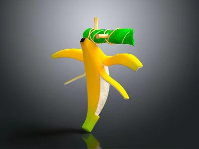 Cartoon Peeled Banana Dancing Character With Green Leaf Hat Decoration On Gray Background 3d model