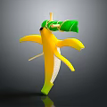 Cartoon Peeled Banana Dancing Character With Green Leaf Hat Decoration On Gray Background