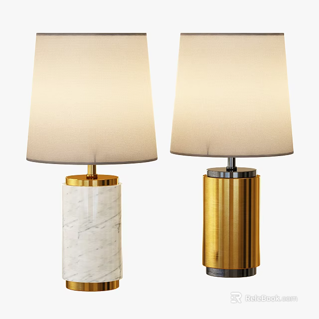 Elegant Table Lamps Featuring White Fabric Shades And Marble Gold Bases 3d model 