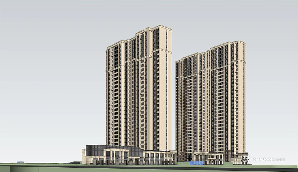 Two Modern High Rise Residential Towers With Low Rise Podium And Green Landscaping 3d model 