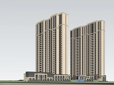 Two Modern High Rise Residential Towers With Low Rise Podium And Green Landscaping 3d model