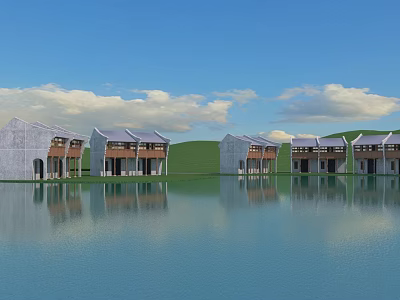 Row of Waterfront Modern Buildings With Lake Reflection Green Grass And Blue Sky 3d model