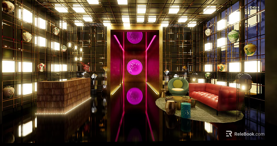 Luxurious Hotel Lobby Design With Purple Accent Lighting Red Sofa And Modern Decor 3d model 