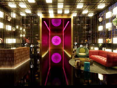 Luxurious Hotel Lobby Design With Purple Accent Lighting Red Sofa And Modern Decor 3d model