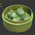 Delicious Steamed Buns with Yellow Topping Served in Bamboo Steamer on Green Leaves