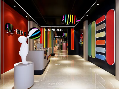 CAPAROL Specialty Store With Colorful Stripes Red Black Walls White Sculpture And Modern Design 3d model