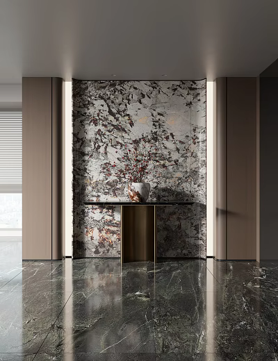 Modern Elegant Entryway Interior Design With Marble Feature Wall Console Table And Vase Plants 3d model