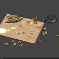 Assorted Food Items On Wooden Cutting Board Including Bread Cheese Blueberries And Nuts