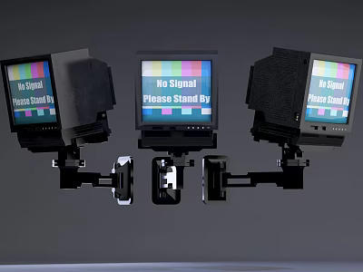 Three Televisions With Signal Standby Messages Mounted On Black Brackets 3d model