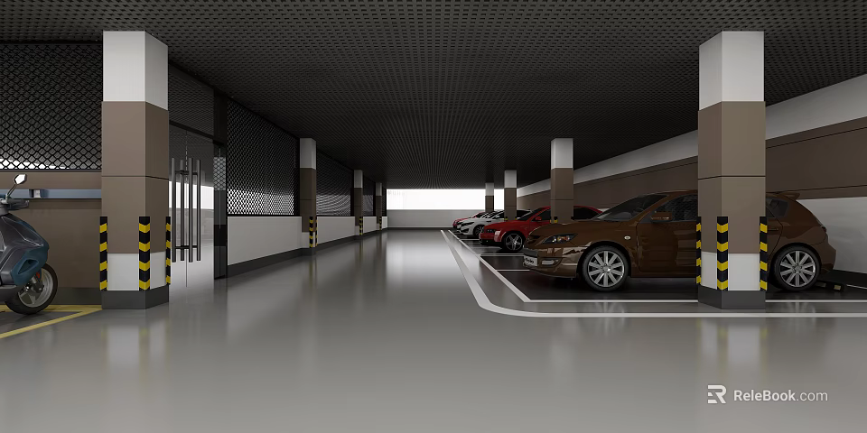 Parking Garage Interior With Parked Cars Polished Smooth Floor Columns And Black Perforated Ceiling 3d model 